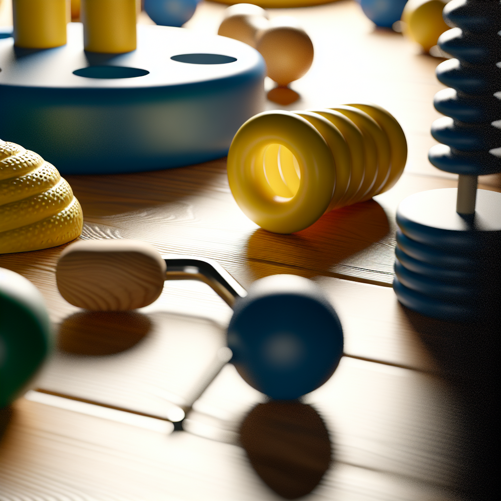 Rahat bir oturma alanında farklı dokulu oyuncaklar düzenlenmiş bir bebek bakımı köşesi